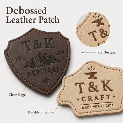 Custom Irregular Shape Heat Press Leather-Look Clothing Patches with Embossed Logo for Jackets Denim Hats Bags and Apparel Branding