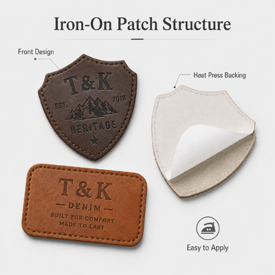 Custom Irregular Shape Heat Press Leather-Look Clothing Patches with Embossed Logo for Jackets Denim Hats Bags and Apparel Branding