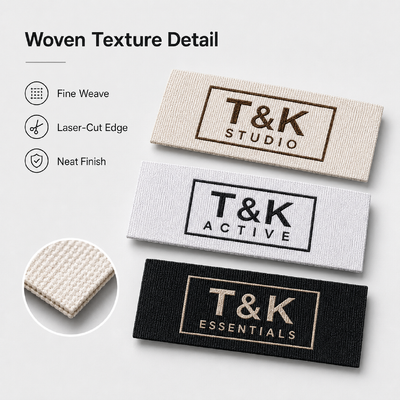 Custom Woven Laser-Cut Labels for Clothing Apparel Sportswear Hats Bags and Brand Identification with Clean Edge Soft Handfeel and Durable Finish