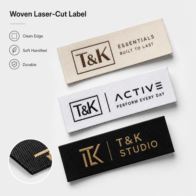 Custom Woven Laser-Cut Labels for Clothing Apparel Sportswear Hats Bags and Brand Identification with Clean Edge Soft Handfeel and Durable Finish